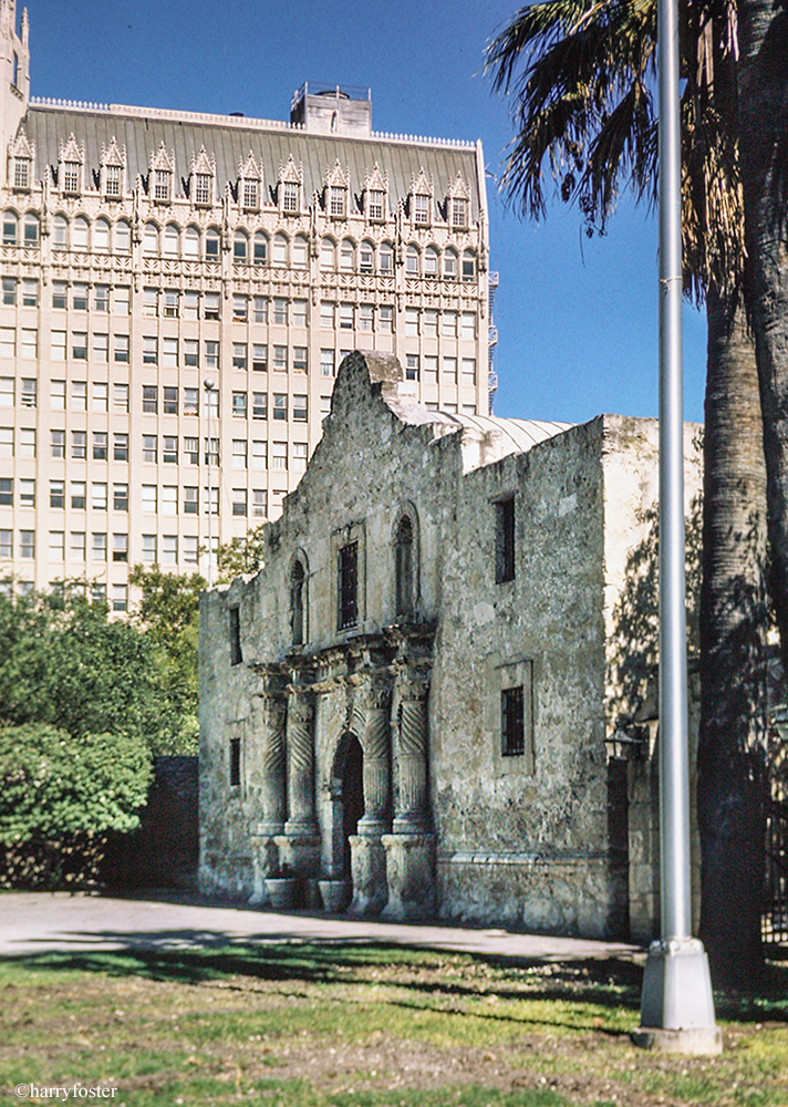 The Alamo contrasted with a more modern building