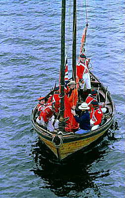 longboat approching the Bee